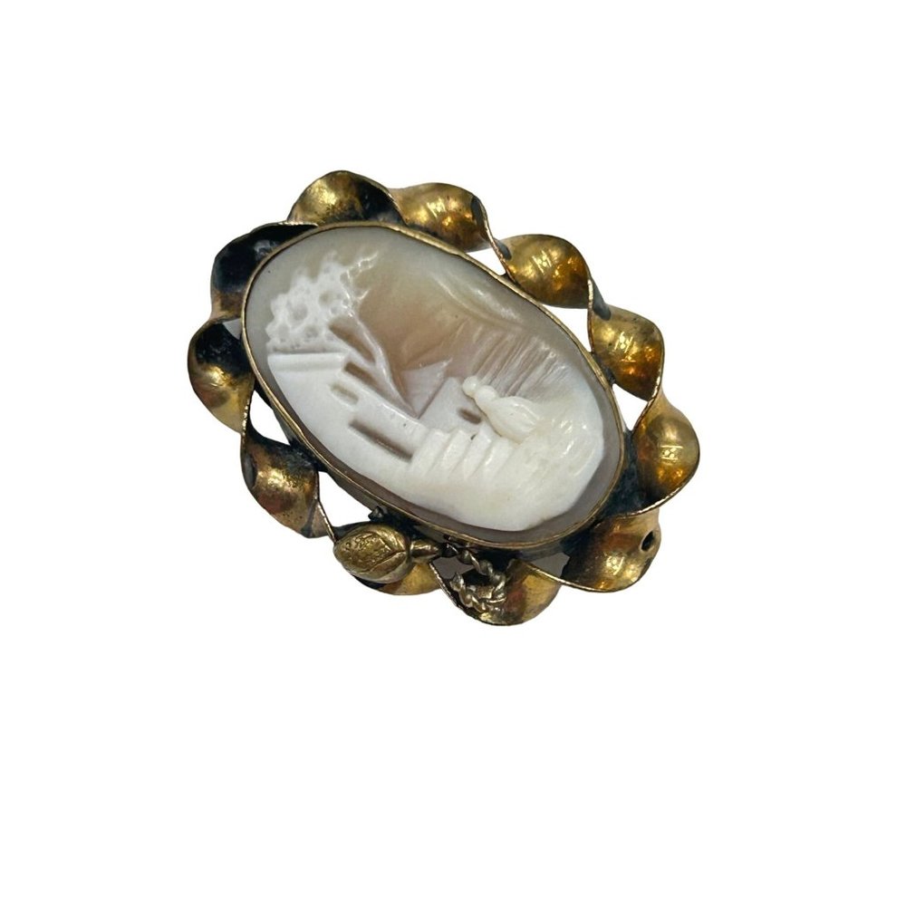 Vintage Carved Genuine Shell Cameo Brooch Rebecca at the Well Scenic Collectible